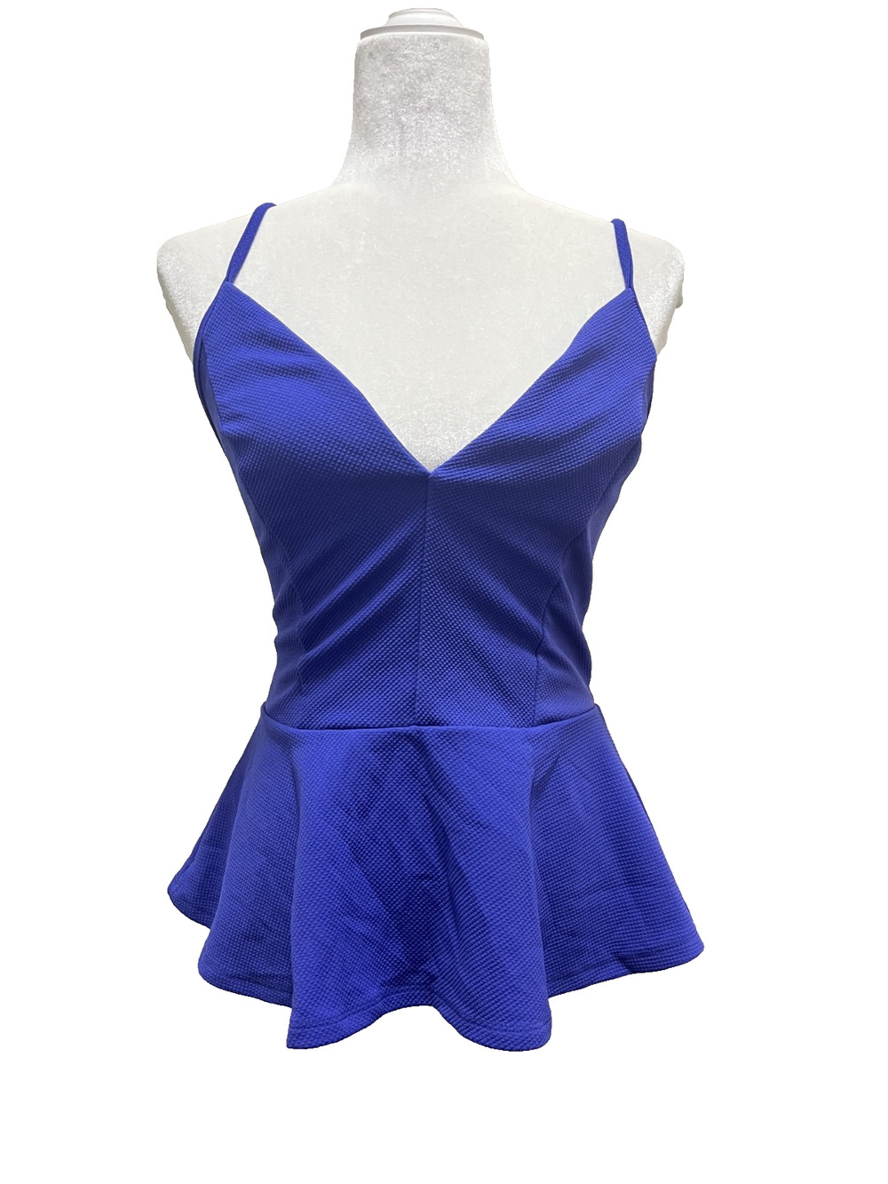 Women's Deb Size Medium Blue V Neck Peplum Blouse Classy Quiet Luxury Pullover
